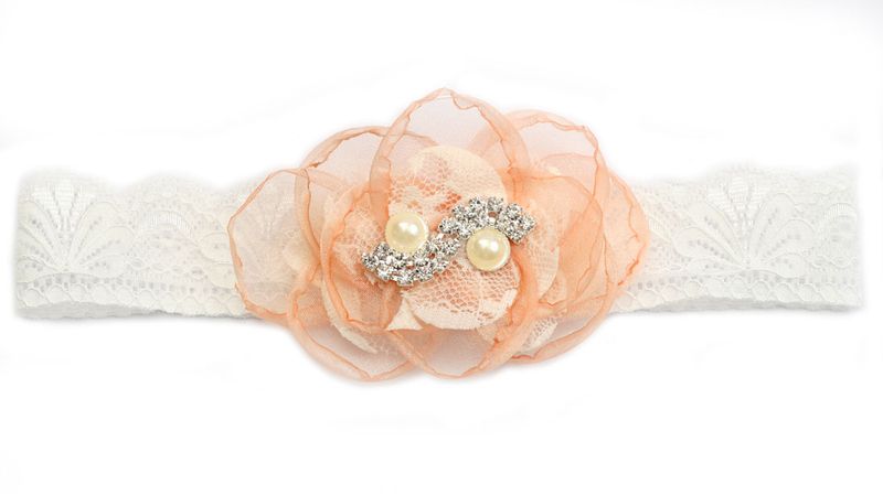 Organza Flower with Rhinestone Headband - Peach