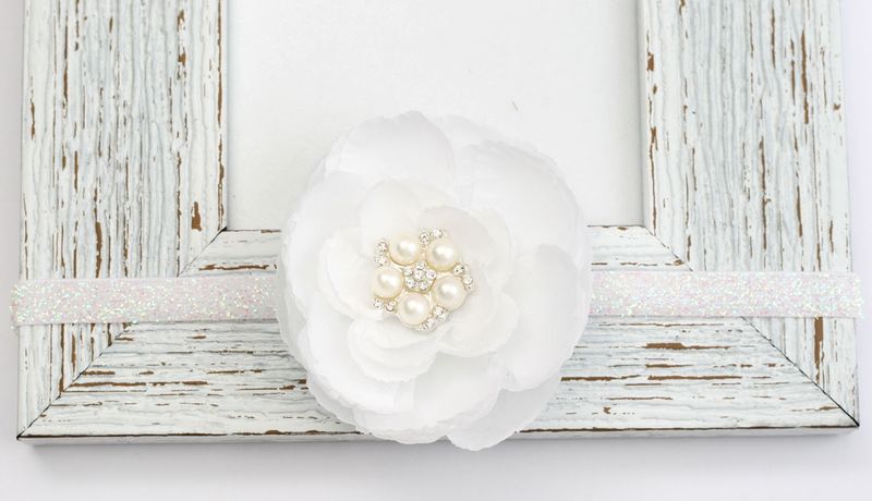 Large Satin Flower &amp; Rhinestone Headband - White