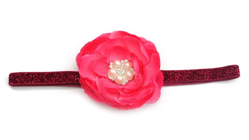Large Satin Flower &amp; Rhinestone Headband - Fuchsia