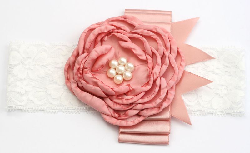 Layered Satin Flower with Pearl Centre on Lace Headband - Mauve