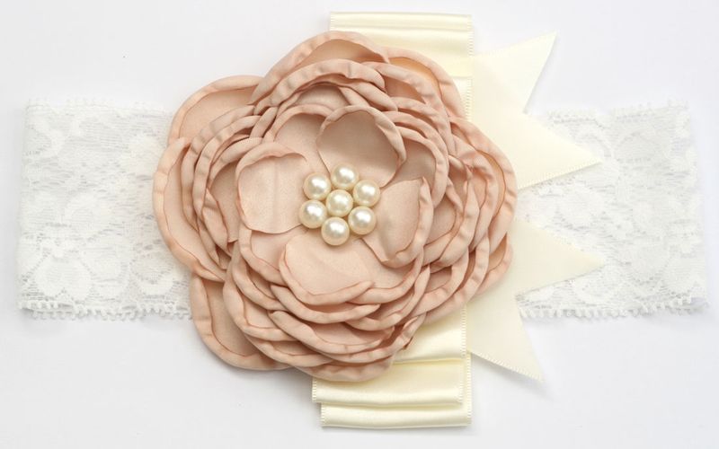 Layered Satin Flower with Pearl Centre on Lace Headband - Light Brown