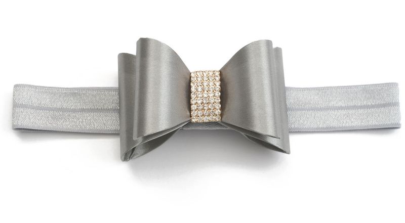 Rhinestone Bows on Satin Elastic Headband - Light Grey