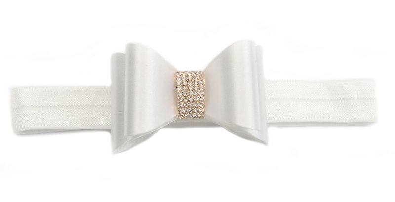 Rhinestone Bows on Satin Elastic Headband - White