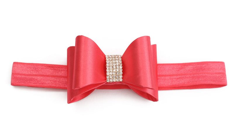 Rhinestone Bows on Satin Elastic Headband - White