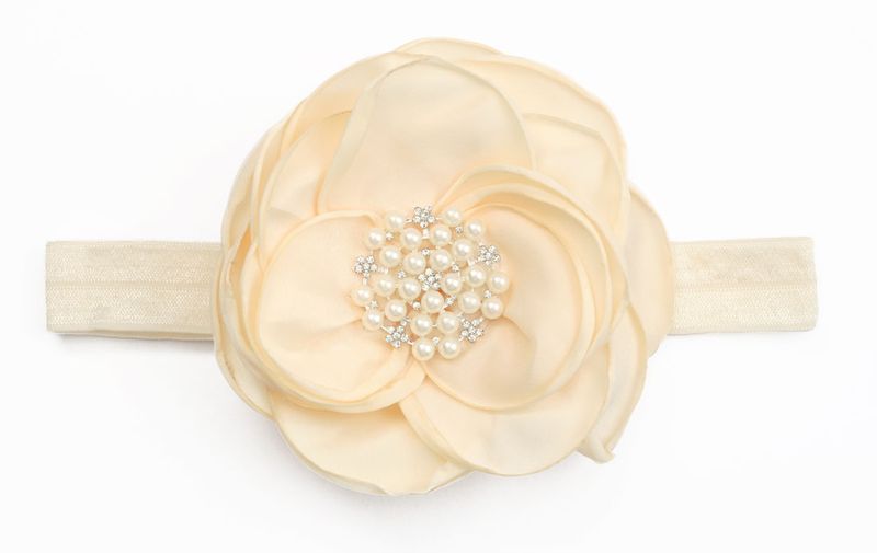Large Satin Flower with Pearls on Elastic Headband - Pink