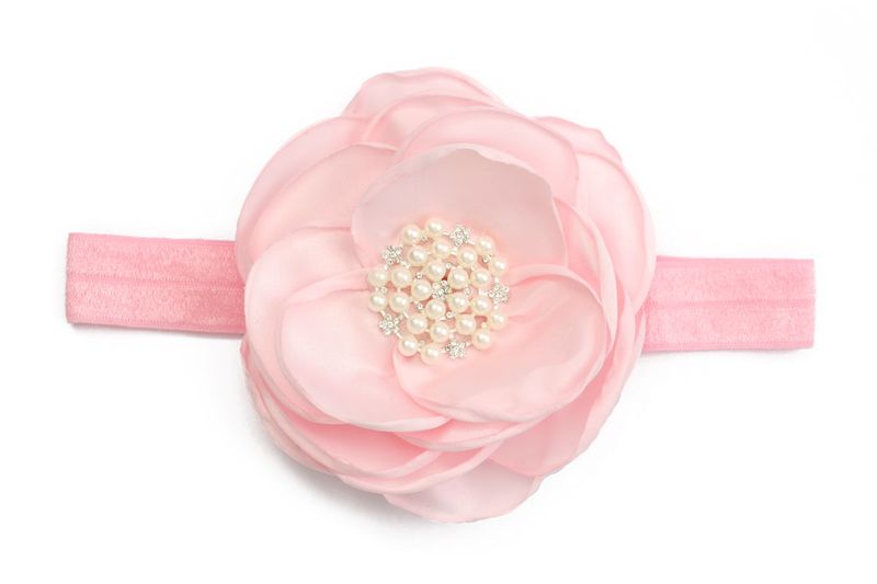 Large Satin Flower with Pearls on Elastic Headband - Pink
