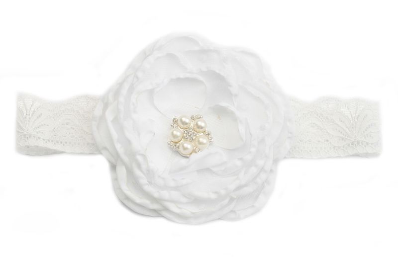 Layered Satin Flower with Pearl Rhinestone on Lace Headband - White