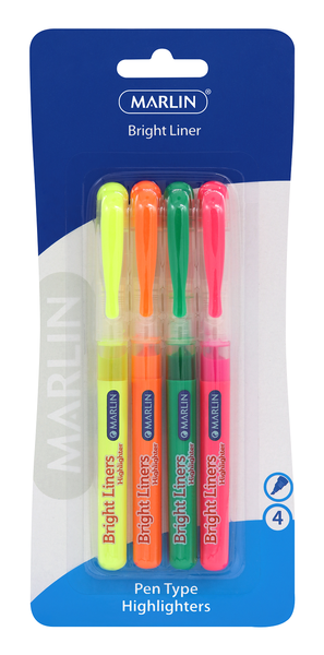 Marlin Bright Liners Pen Type Highlighters - Blister of 4
