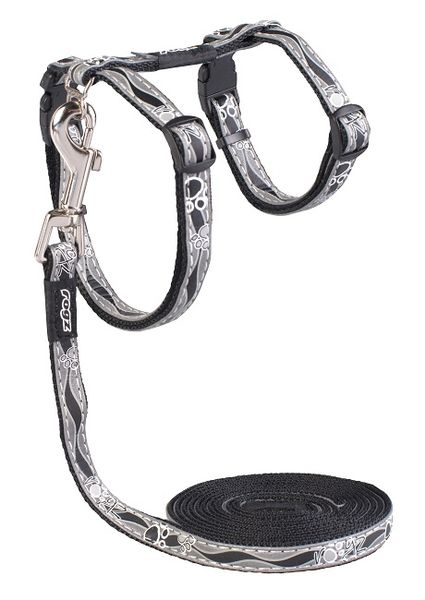 Rogz - 8mm NightCat Cat Lead/H-Harness - Black Paws