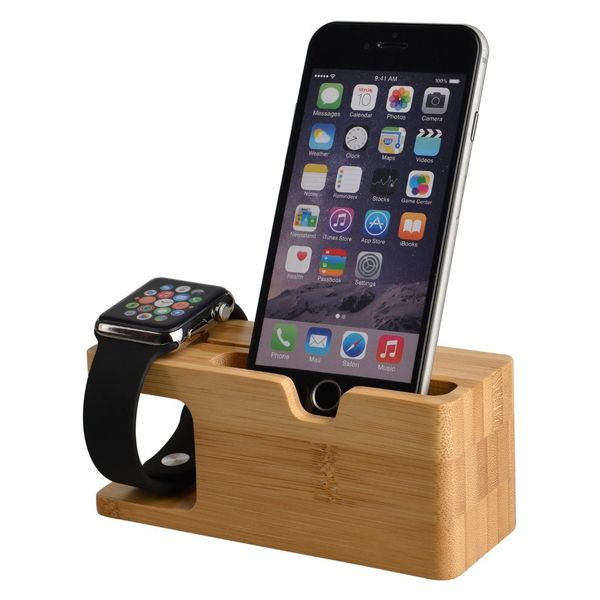 2-in-1 Bamboo Charging Dock Station Compatible with iWatch iPhone  Natural Wood