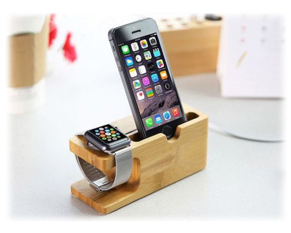 2-in-1 Bamboo Charging Dock Station Compatible with iWatch iPhone  Natural Wood