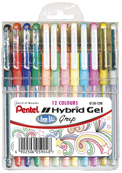 Pentel Hybrid Gel Grip 0.8mm Pens - Wallet of 12