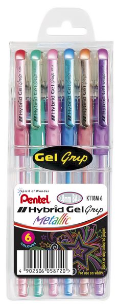 Pentel Hybrid Metallic Gel Grip 0.8mm Pens - Wallet of 6