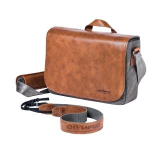 Olympus OM-D Messenger Leather Camera Shoulder Bag Tan/Grey
