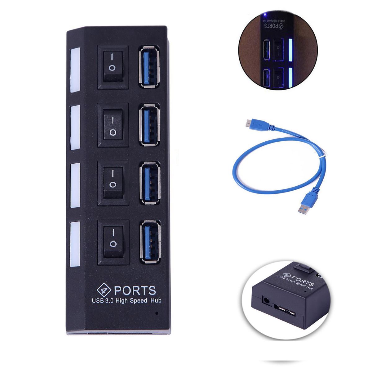 4 Ports USB 3.0 Hub with Individual Power Switches and LEDs