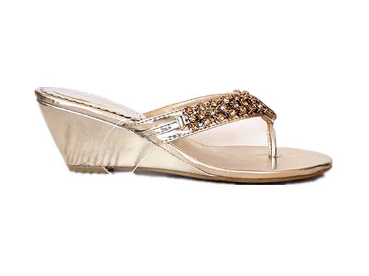 Chunky diamante trims metalic upper evening wedge thong in gold size 8