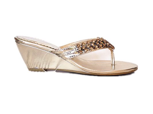 Chunky diamante trims metalic upper evening wedge thong in gold size 8 ...