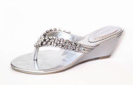 Chunky diamante trims metelic upper evening wedge thong in silver size 8