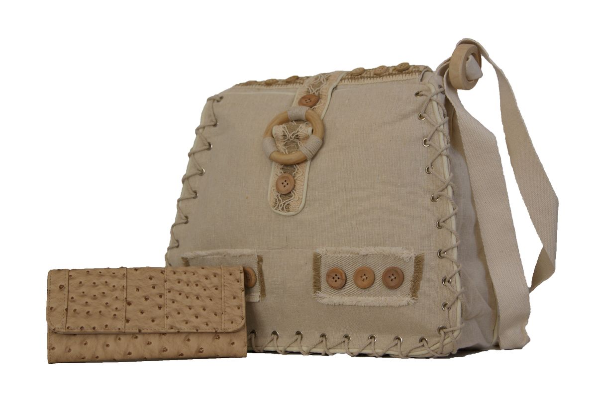 Fino Linen Crossbody / Sling Bag + Ostrich Leather Purse Value Set - Beige (lb006 + A67 / 765 ...