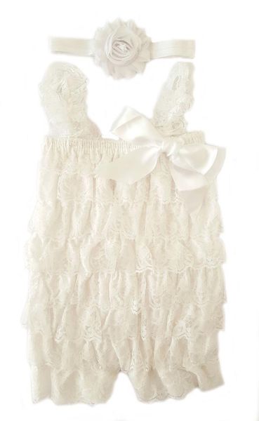 Baby Frilly Lace Petti Romper &amp; Shabby Chic Headband Set - White