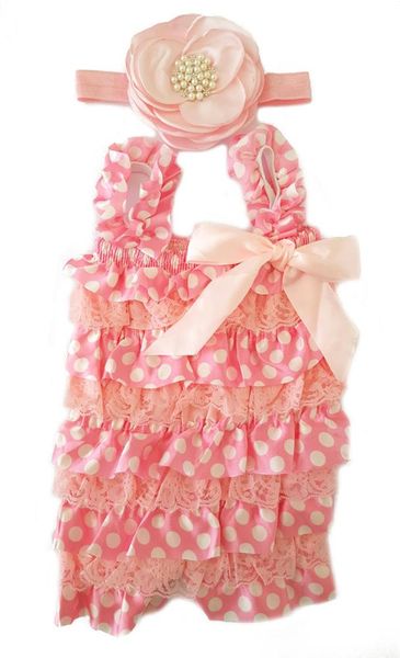 Baby Frilly Lace Petti Romper &amp; Satin Layered Headband Set - Pink Polka Dot