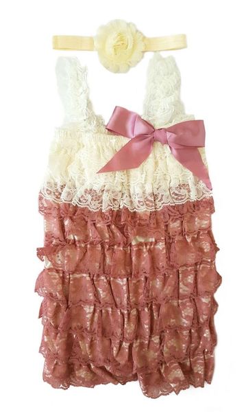 Baby Frilly Lace Petti Romper &amp; Shabby Chic Flower Headband Set - Dusty Rose &amp; Ivory