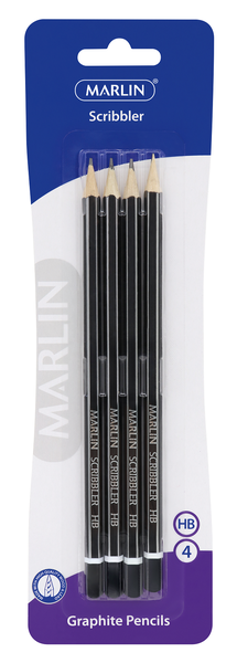 Marlin Scribbler Black &amp; Silver Striped HB Pencils - Blister of 4