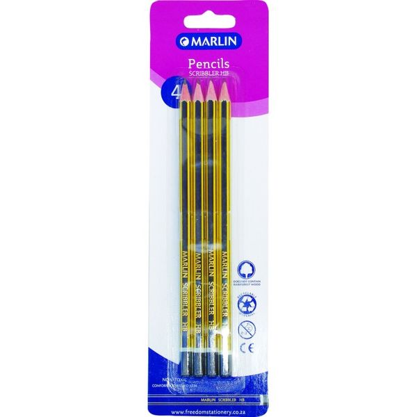 Marlin Scribbler Blue &amp; Yellow Striped HB Pencils - Blister of 4