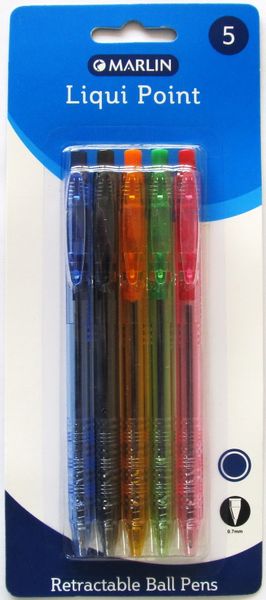 Marlin Liqui Point Retractable Ballpoint Pens - Blue Ink (Blister of 5)