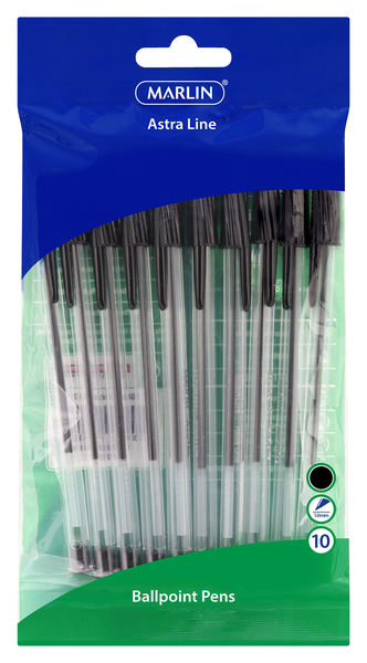 Marlin Astra-Line Medium Nib Ballpoint Pens - Black (Pack of 10)