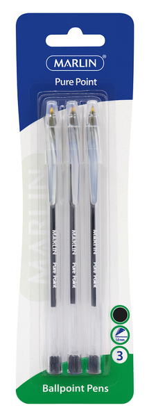 Marlin Pure Point Medium Transparent Ballpoint Pens - Black Ink (Blister of 3)