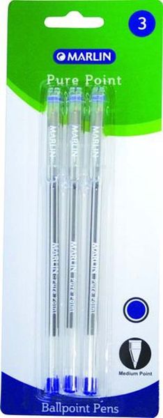 Marlin Pure Point Medium Transparent Ballpoint Pens - Blue Ink (Blister of 3)