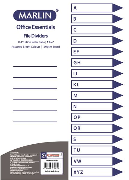 Marlin File 16 (A - Z) Index Dividers 160gsm Bright Board - Pack of 10
