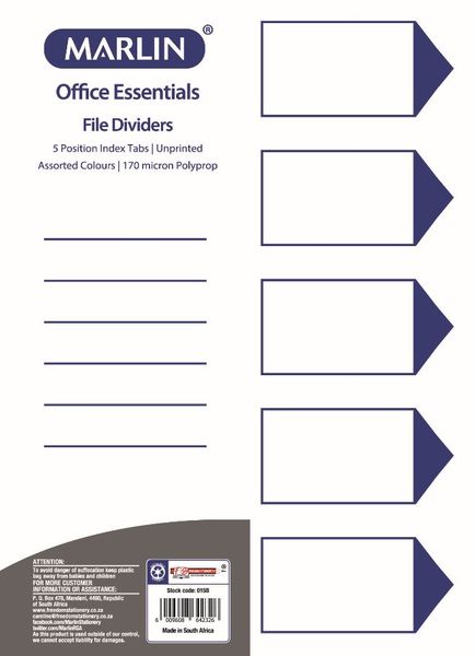 Marlin File 5 Unprinted Index Dividers Polyprop Bright Colours