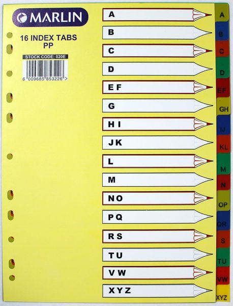Marlin File 16 (A - Z) Index Dividers Polyprop Bright Colours
