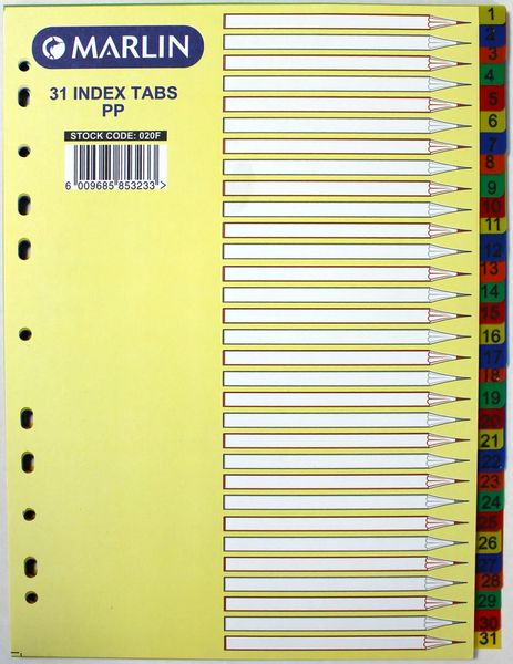 Marlin File 31 (1 - 31) Index Dividers Polyprop Bright Colours