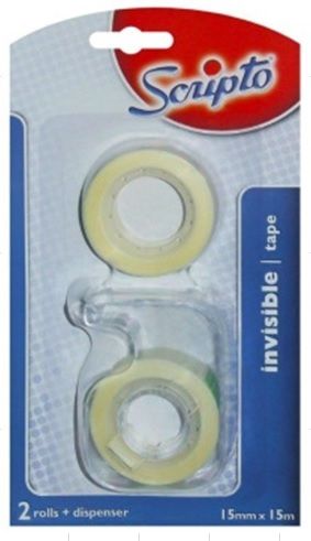 Scripto Invisible Tape - 2 Rolls &amp; Dispenser - 15mm x 15m