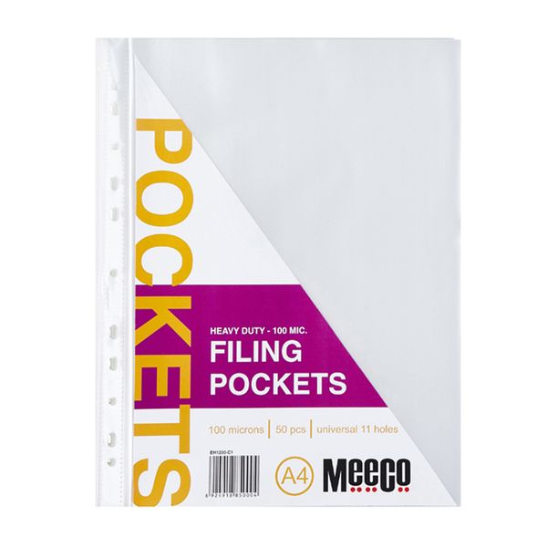 Meeco A4 100micron Filing Pockets - 50 Pack