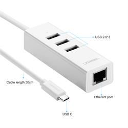 UGreen USBC to 3port USB Hub+RJ45 Adapter-WH