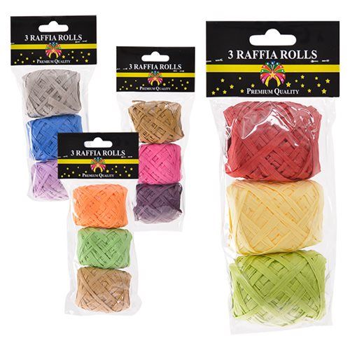 Bulk Pack 10 X Raffia 5mmx10m - Pack of 3 Assorted Colours