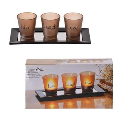 Bulk Pack 2 X Candle Holder Set On Mirror Tray 3 Cups With Words Included