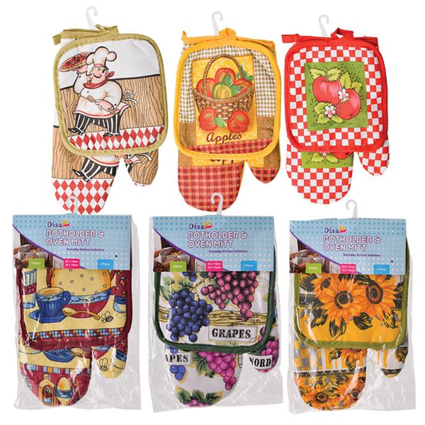 Bulk Pack 6 X Oven Glove and Pot Holder Set - 2 Piece Set Assorted Designs
