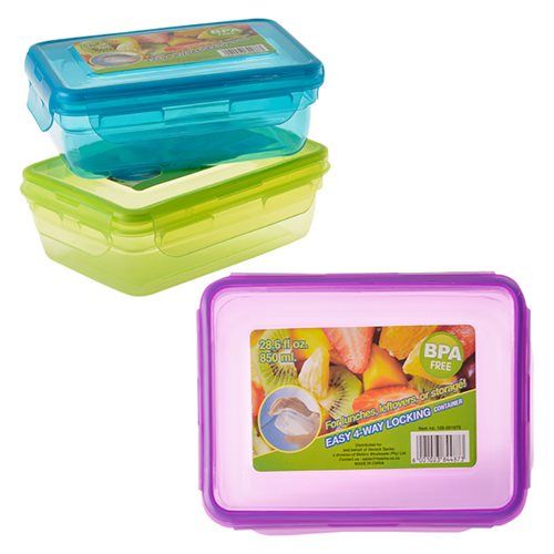 Bulk Pack 6 X Plastic Clip-Lock Container - 17x11x7.5cm 850ml