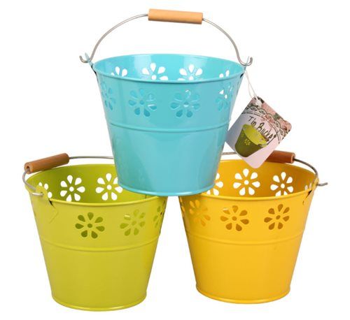 Bulk Pack 6 X Bucket Planter With Handle Tin Plated - Plain Colours
