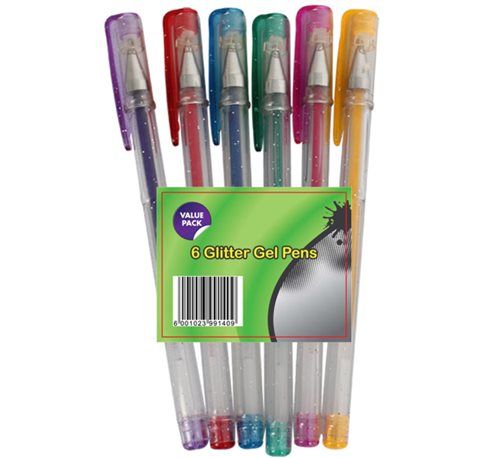 Bulk Pack 6 X Glitter Gel Pens - Pack of 6 Assorted Colours