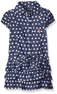 U.S. Polo Assn. Girls' Heart Print Belted Tiered Ruffle Denim Dress - Black (Size: 3-6 Months) (Parallel Import)