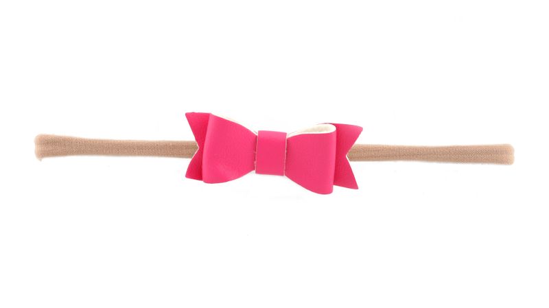 Faux Leather Bow on Nylon Elastic Headband - Hot Pink (Size: 0 Months - 7 Years)