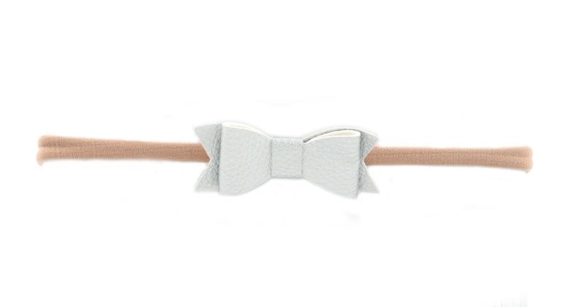 Faux Leather Bow on Nylon Elastic Headband - Silver (Size: 0 Months - 7 Years)