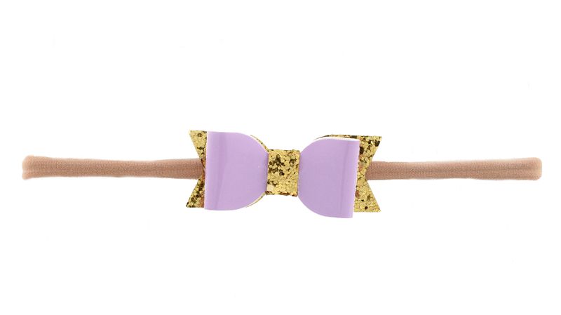 Faux Leather Bow with Gold Accents on Nylon Elastic Headband - Lavender (Size: 0 Months - 7 Years)
