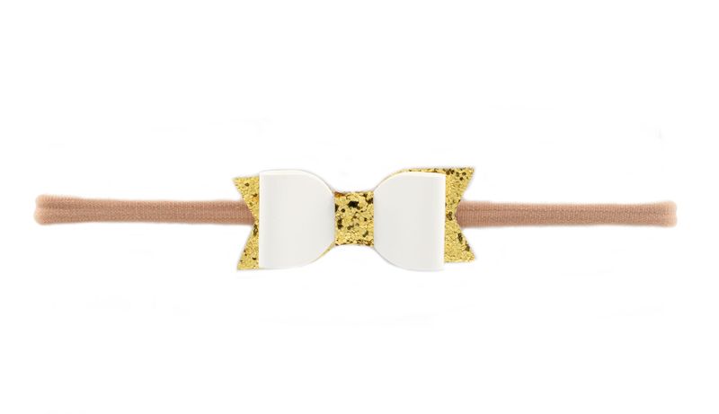 Faux Leather Bow with Gold Accents on Nylon Elastic Headband - White (Size: 0 Months - 7 Years)